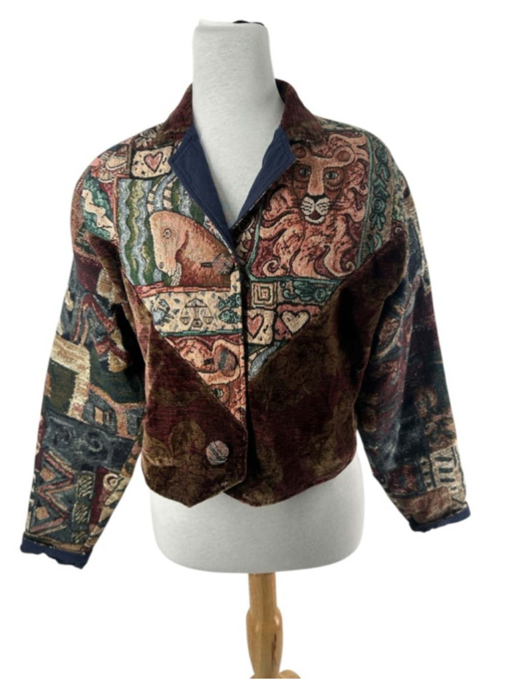 Vintage 90s Village Factory Velvet Patchwork Tapestry Statement Coat boho sz sm - Picture 3 of 9